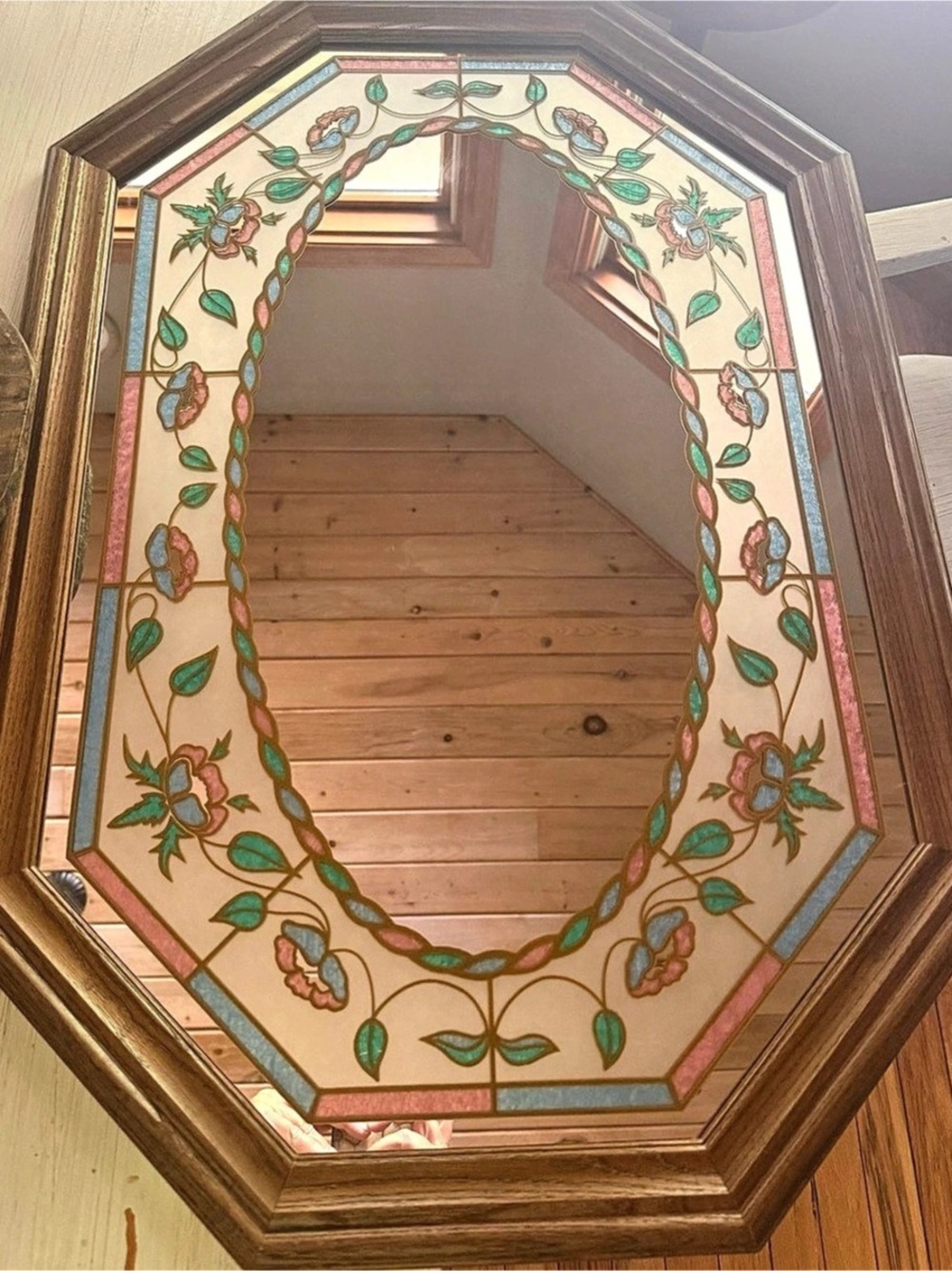 Vintage Cottage Core 80’s Horizontal Hanging Faux Stained Glass Etched Mirror